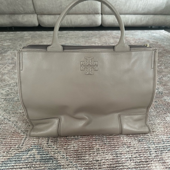 Tory Burch Ella Canvas Leather Tote in French Gray - Picture 1 of 12